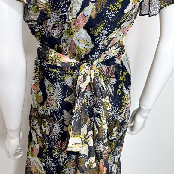 Tanya Taylor Blaire Printed Linen-Silk Midi Faux-Wrap Dress Maritime Blue Multi - Picture 15 of 16